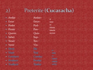  Andar       Anduv-
                        -e
 Estar       Estuv-    -iste
 Poder       Pud-      -o
                        -imos
 Poner       Pus-      -isteis
 Querer      Quis-     -ieron
 Saber       Sup-
 Tener       Tuv-
 Venir       Vin-
 Decir       Dij-
                          -e
 Traer       Traj-       -iste
 Conducir    Conduj-     -o
                          -imos
 Producir    Produj-     -isteis
 Tradiucir   Traduj-     -eron
 