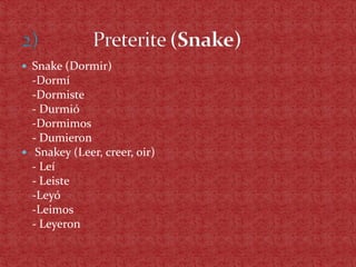  Snake (Dormir)
  -Dormí
  -Dormiste
  - Durmió
  -Dormimos
  - Dumieron
 Snakey (Leer, creer, oir)
  - Leí
  - Leiste
  -Leyó
  -Leimos
  - Leyeron
 