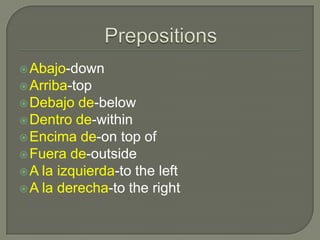  Abajo-down
 Arriba-top
 Debajo  de-below
 Dentro de-within
 Encima de-on top of
 Fuera de-outside
 A la izquierda-to the left
 A la derecha-to the right
 
