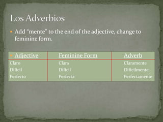  Add “mente” to the end of the adjective, change to
  feminine form.

 Adjective        Feminine Form             Adverb
Claro              Clara                     Claramente
Dificil            Dificil                   Dificilmente
Perfecto           Perfecta                  Perfectamente
 