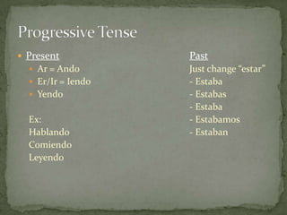  Present           Past
   Ar = Ando       Just change “estar”
   Er/Ir = Iendo   - Estaba
   Yendo           - Estabas
                    - Estaba
  Ex:               - Estabamos
  Hablando          - Estaban
  Comiendo
  Leyendo
 