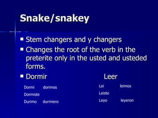 Snake/snakey

    Stem changers and y changers
    Changes the root of the verb in the
     preterite only in the usted and usteded
     forms.
    Dormir                    Leer
    Dormi      dorimos      Lei      leimos

    Dormiste                Leiste

    Durimo     durmiero     Leyo     leyeron
 