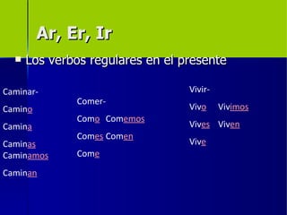 Ar, Er, Ir
     Los verbos regulares en el presente

Caminar-                          Vivir-
              Comer-
Camino                            Vivo     Vivimos
              Como Comemos
Camina                            Vives Viven
              Comes Comen
Caminas                           Vive
Caminamos     Come

Caminan
 