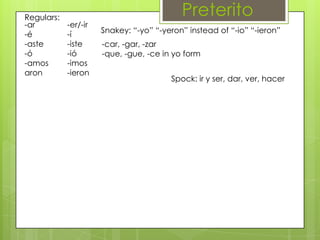 Preterito
-ar
-é
-aste
-ó
-amos
aron
-er/-ir
-í
-iste
-ió
-imos
-ieron
Regulars:
Snakey: “-yo” “-yeron” instead of “-io” “-ieron”
-car, -gar, -zar
-que, -gue, -ce in yo form
Spock: ir y ser, dar, ver, hacer
 