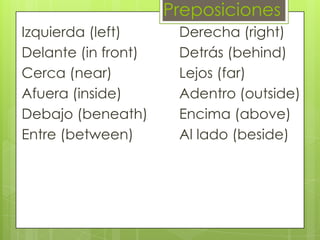 Preposiciones
Izquierda (left) Derecha (right)
Delante (in front) Detrás (behind)
Cerca (near) Lejos (far)
Afuera (inside) Adentro (outside)
Debajo (beneath) Encima (above)
Entre (between) Al lado (beside)
 