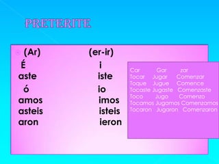 (Ar)    (er-ir)
É           i        Car      Gar     zar
aste       iste      Tocar Jugar     Comenzar
                     Toque Jugue Comence
 ó         io        Tocaste Jugaste Comenzaste
                     Toco     Jugo    Comenzo
amos       imos      Tocamos Jugamos Comenzamos
asteis      isteis   Tocaron Jugaron Comenzaron

aron        ieron
 