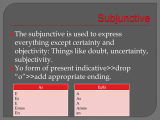 SubjunctiveThe subjunctive is used to express everything except certainty and objectivity: Things like doubt, uncertainty, subjectivity.Yo form of present indicative>>drop “o”>>add appropriate ending.