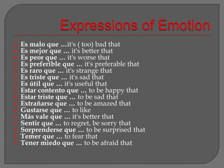 Expressions of EmotionEs maloque …it's ( too) bad thatEs mejorque … it's better thatEs peorque … it's worse thatEs preferibleque … it's preferable thatEs raroque … it's strange thatEs tristeque … it's sad thatEs útilque … it's useful thatEstarcontentoque … to be happy thatEstartristeque … to be sad thatExtrañarseque … to be amazed thatGustarseque … to likeMásvale que … it's better thatSentirque … to regret, be sorry thatSorprenderseque … to be surprised thatTemerque … to fear thatTenermiedoque … to be afraid that