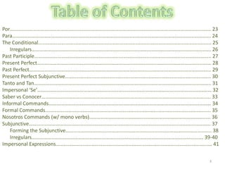 3Table of ContentsPor………………………………………………………………………………………………………………………………………… 23Para………………………………………………………………………………………………………………………………………. 24The Conditional…………………………………………………………………………………………………………………….. 25      Irregulars…………………………………………………………………………………………………………………………. 26Past Participle……………………………………………………………………………………………………………………….. 27Present Perfect……………………………………………………………………………………………………………………… 28Past Perfect…………………………………………………………………………………………………………………………… 29Present Perfect Subjunctive………………………………………………………………………………………………….. 30Tanto and Tan……………………………………………………………………………………………………………………….. 31Impersonal ‘Se’……………………………………………………………………………………………………………………… 32Saber vsConocer………………………………………………………………………………………………………………….. 33Informal Commands……………………………………………………………………………………………………………… 34Formal Commands……………………………………………………………………………………………………………..... 35Nosotros Commands (w/ mono verbs)…………………………………………………………………………………. 36Subjunctive…………………………………………………………………………………………………………………………… 37      Forming the Subjunctive………………………………………………………………………………………………….. 38      Irregulars……………………………………………………………………………………………………………………. 39-40Impersonal Expressions…………………………………………………………………………………………………………. 41