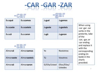 -Car -gar -zar-gar-carWhen using -car -gar -zar verbs in the preterite, take of the -car, -gar, or -zar ending and replace it with the corresponding ending (in bold) in the charts provided.-zar7