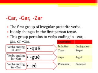 -Car, -Gar, -Zar
• The first group of irregular preterite verbs.
• It only changes in the first person tense.
• This group pertains to verbs ending in –car, -
gar, or –zar.
• -quéVerbs ending
in -Car
• -guéVerbs ending
in –Gar
• -céVerbs ending
in –Zar
Examples:
Infinitive: Conjugation:
Tocar Toqué
Jugar Jugué
Comenzar Comencé
 