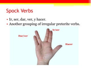 Spock Verbs
• Ir, ser, dar, ver, y hacer.
• Another grouping of irregular preterite verbs.
Hacer
Ir/ser
Dar/ver
 