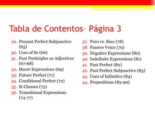 Tabla de Contentos– Página 3
29. Present Perfect Subjunctive
(65)
30. Uses of Se (66)
31. Past Participles as Adjectives
(67-68)
32. Hacer Expressions (69)
33. Future Perfect (71)
34. Conditional Perfect (72)
35. Si Clauses (73)
36. Transitional Expressions
(74-77)
37. Pero vs. Sino (78)
38. Passive Voice (79)
39. Negative Expressions (80)
40. Indefinite Expressions (81)
41. Past Perfect (82)
42. Past Perfect Subjunctive (83)
43. Uses of Infinitive (84)
44. Prepositions (85-90)
 