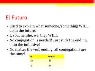 El Futuro
• Used to explain what someone/something WILL
do in the future.
• I, you, he, she, we, they WILL
• No conjugation is needed! Just stick the ending
onto the infinitive!
• No matter the verb ending, all conjugations are
the same!
-é -emos
-ás -áis
-á -án
 