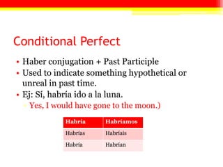 Conditional Perfect
• Haber conjugation + Past Participle
• Used to indicate something hypothetical or
unreal in past time.
• Ej: Sí, habría ido a la luna.
▫ Yes, I would have gone to the moon.)
Habría Habríamos
Habrías Habríais
Habría Habrían
 
