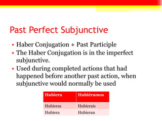 Past Perfect Subjunctive
• Haber Conjugation + Past Participle
• The Haber Conjugation is in the imperfect
subjunctive.
• Used during completed actions that had
happened before another past action, when
subjunctive would normally be used
Hubiera Hubiéramos
Hubieras Hubierais
Hubiera Hubieran
 