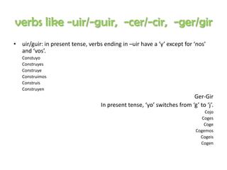 verbs like -uir/-guir, -cer/-cir, -ger/gir
• uir/guir: in present tense, verbs ending in –uir have a ‘y’ except for ‘nos’
  and ‘vos’.
   Constuyo
   Construyes
   Construye
   Construimos
   Construis
   Construyen
                                                                         Ger-Gir
                                   In present tense, ‘yo’ switches from ‘g’ to ‘j’.
                                                                               Cojo
                                                                              Coges
                                                                               Coge
                                                                           Cogemos
                                                                             Cogeis
                                                                             Cogen
 