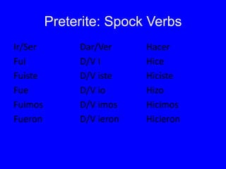 Preterite: Spock Verbs
Ir/Ser        Dar/Ver     Hacer
Fui           D/V I       Hice
Fuiste        D/V iste    Hiciste
Fue           D/V io      Hizo
Fuimos        D/V imos    Hicimos
Fueron        D/V ieron   Hicieron
 