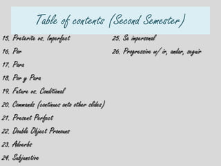 Table of contents (Second Semester)
15. Preterite vs. Imperfect                25. Se impersonal
16. Por                                    26. Progressive w/ ir, andar, seguir
17. Para
18. Por y Para
19. Future vs. Conditional
20. Commands (continues onto other slides)
21. Present Perfect
22. Double Object Pronouns
23. Adverbs
24. Subjunctive
 