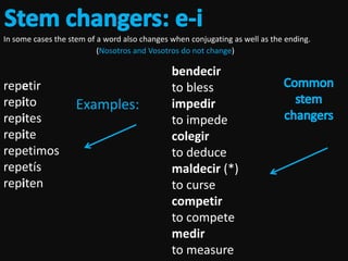 In some cases the stem of a word also changes when conjugating as well as the ending.
                          (Nosotros and Vosotros do not change)

                                              bendecir
repetir                                       to bless
repito              Examples:                 impedir
repites                                       to impede
repite                                        colegir
repetimos                                     to deduce
repetís                                       maldecir (*)
repiten                                       to curse
                                              competir
                                              to compete
                                              medir
                                              to measure
 