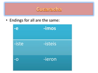 • Endings for all are the same:
    -e               -imos

    -iste            -isteis

    -o               -ieron
 