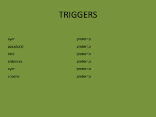 TRIGGERS

ayer           preterito
pasado(a)      preterito
esta           preterito
entonces       preterito
ayer           preterito
anoche         preterito
 