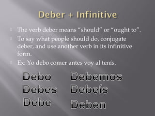    The verb deber means “should” or “ought to”.
   To say what people should do, conjugate
    deber, and use another verb in its infinitive
    form.
   Ex: Yo debo comer antes voy al tenís.
 