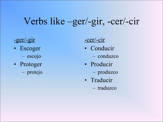 Verbs like –ger/-gir, -cer/-cir -ger/-gir Escoger  escojo Protoger protejo -cer/-cir Conducir conduzco Producir produzco Traducir traduzco 