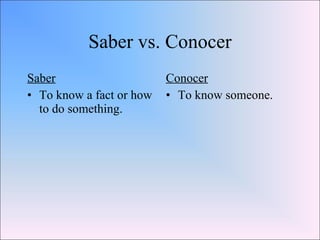 Saber vs. Conocer Saber To know a fact or how to do something. Conocer To know someone. 