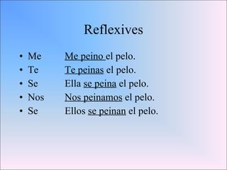 Reflexives Me Me peino  el pelo. Te Te peinas  el pelo. Se Ella  se peina  el pelo. Nos Nos peinamos  el pelo. Se Ellos  se peinan  el pelo. 