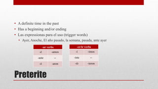 • A definite time in the past 
• Has a beginning and/or ending 
• Las expressionas para el uso (trigger words) 
• Ayer, Anoche, El año pasado, la semana, pasada, ante ayer 
Preterite 
-er/ir verbs 
-í -imos 
-iste -- 
-ió -ieron 
-ar verbs 
-é -amos 
-aste -- 
-ó -aron 
 