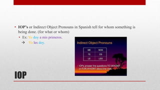 • IOP’s or Indirect Object Pronouns in Spanish tell for whom something is 
being done. (for what or whom) 
• Ex: Yo doy a mis primeros. 
 Yo les doy. 
IOP 
 