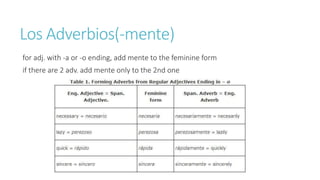 Los Adverbios(-mente) 
for adj. with -a or -o ending, add mente to the feminine form 
if there are 2 adv. add mente only to the 2nd one 
 