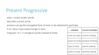 Present Progressive 
estar + ando/ iendo/ yendo 
describes current action 
pronoun can go b4 conjugated form of estar or be attached to participle 
E to I stems have vowel change in stem 
irregulars -er / -ir change to yendo instead of iendo 
 