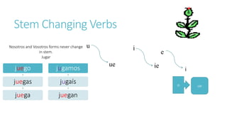 Stem Changing Verbs 
o ue 
u 
ue 
i 
ie 
e 
i 
Nosotros and Vosotros forms never change 
in stem. 
Jugar 
juego 
juegas 
juega 
jugamos 
jugaís 
juegan 
 