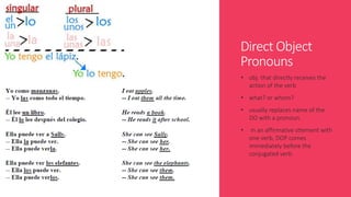 Direct Object 
Pronouns 
• obj. that directly receives the 
action of the verb 
• what? or whom? 
• usually replaces name of the 
DO with a pronoun. 
• in an affirmative sttement with 
one verb, DOP comes 
immediately before the 
conjugated verb. 
 