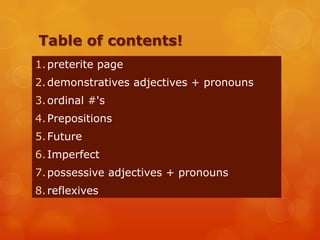 Table of contents!
1.preterite page
2.demonstratives adjectives + pronouns
3.ordinal #'s
4.Prepositions
5.Future
6.Imperfect
7.possessive adjectives + pronouns
8.reflexives
 