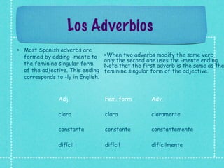 Los Adverbios
• Most Spanish adverbs are
  formed by adding -mente to ‣When two adverbs modify the same verb,
                                 only the second one uses the -mente ending.
  the feminine singular form     Note that the first adverb is the same as the
  of the adjective. This ending feminine singular form of the adjective.
  corresponds to -ly in English.


               Adj.             Fem. form         Adv.

               claro            clara             claramente

               constante        constante         constantemente

               difícil          difícil           difícilmente
 
