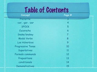 Table of Contents
     Concept           Page #
    Preterite            3
 -car, -gar, -zar        4
     SPOCK               5
   Cucaracha             6
  Snake/snakey           7
  Modal Verbs            8
  Los Adverbios          9
Progressive Tense       10
  Superlatives          11
Formals commands        12
  Prepositions          13
   conditionals         14
 Demonstratives         15
 