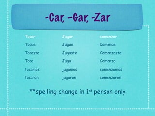 -Car, –Gar, -Zar
Tocar         Jugar         comenzar

Toque         Jugue         Comence

Tocaste       Jugaste       Comenzaste

Toco          Jugo          Comenzo

tocamos       jugamos       comenzamos

tocaron       jugaron       comenzaron


  **spelling change in 1st person only
 