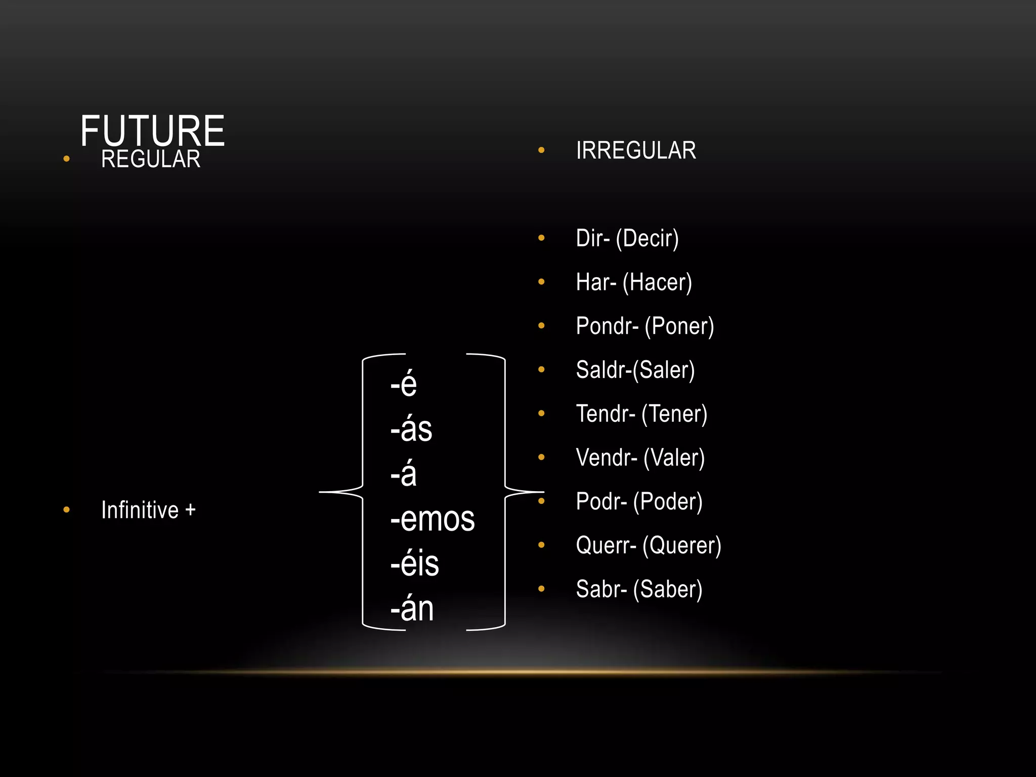 FUTURE
• REGULAR                  •   IRREGULAR


                           •   Dir- (Decir)
                           •   Har- (Hacer)
                           •   Pondr- (Poner)
                           •   Saldr-(Saler)
                   -é
                           •   Tendr- (Tener)
                   -ás
                           •   Vendr- (Valer)
                   -á
    Infinitive +           •   Podr- (Poder)
•
                   -emos
                           •   Querr- (Querer)
                   -éis
                           •   Sabr- (Saber)
                   -án
 