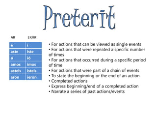 PreteritAR              ER/IR For actions that can be viewed as single events