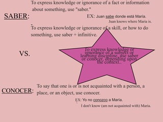 To express knowledge or ignorance of a fact or informationabout something, use "saber."                                              EX: Juan sabedondeestáMaría.                                               Juan knows where Maria is.-To express knowledge or ignorance of a skill, or how to do something, use saber + infinitive.SABER:VS. To express knowledge or ignorance of a subject or learning discipline, use saber or conocer, depending upon the context..To say that one is or is not acquainted with a person, a place, or an object, use conocer.                                         EX: Yo no conozco a María.\                                             I don't know (am not acquainted with) Maria.CONOCER: