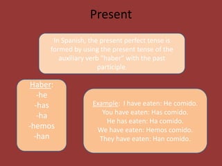 PresentIn Spanish, the present perfect tense is formed by using the present tense of the auxiliary verb "haber" with the past participle.Haber: -he-has-ha-hemos-hanExample:  I have eaten: He comido.You have eaten: Has comido.He has eaten: Ha comido.We have eaten: Hemoscomido.They have eaten: Han comido.