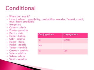 When do I use it?I use it when… possibility, probability, wonder, “would, could, must have, probably”IrregularsCaber- cabríaPoner- pondríaDecir- diríaHaber-habríaSalir- saldríaHacer- haríaPoder- podríaTener- tendríaQuerer- querríaValer- valdríaSaber-sabríaVenir- vendríaConditional 