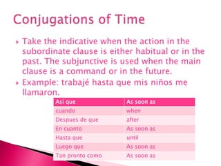 Take the indicative when the action in the subordinate clause is either habitual or in the past. The subjunctive is used when the main clause is a command or in the future. Example: trabajéhastaquemisniños me llamaron.  Conjugations of Time