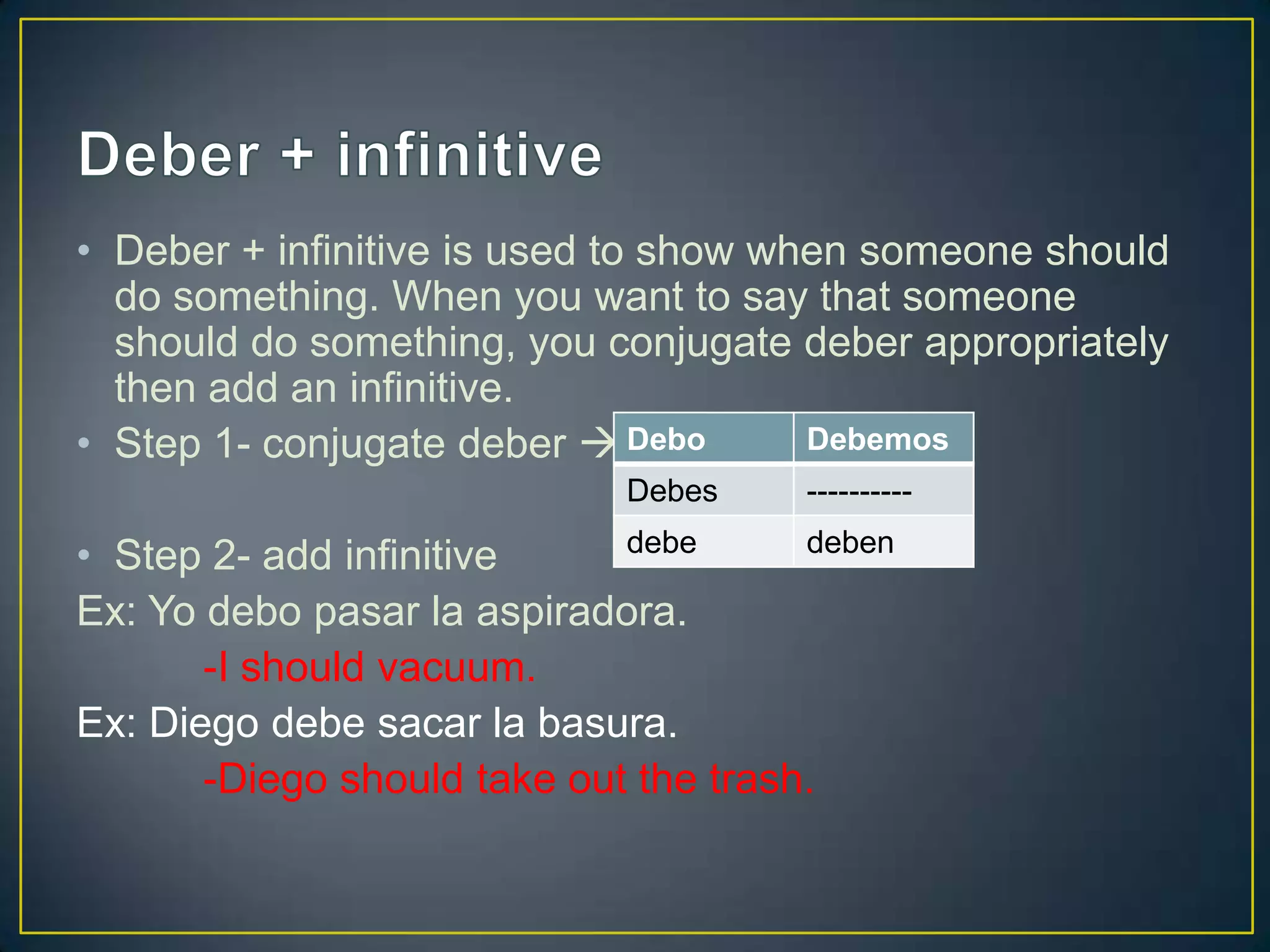 • Deber + infinitive is used to show when someone should
  do something. When you want to say that someone
  should do something, you conjugate deber appropriately
  then add an infinitive.
• Step 1- conjugate deber  Debo       Debemos
                             Debes     ----------
                             debe      deben
• Step 2- add infinitive
Ex: Yo debo pasar la aspiradora.
       -I should vacuum.
Ex: Diego debe sacar la basura.
       -Diego should take out the trash.
 