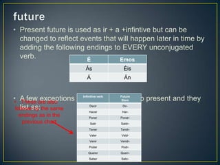 • Present future is used as ir + a +infintive but can be
changed to reflect events that will happen later in time by
adding the following endings to EVERY unconjugated
verb.
• A few exceptions or irregulars are also present and they
list as:
É Emos
Ás Éis
Á Án
Infinitive verb Future
Stem
Decir Dir-
Hacer Har-
Poner Pondr-
Salir Saldr-
Tener Tendr-
Valer Vald-
Venir Vendr-
Poder Podr-
Querer Querr-
Saber Sabr-
• These are also
followe by the same
endings as in the
previous chart
 