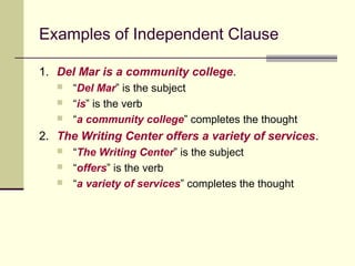Examples of Independent Clause

1. Del Mar is a community college.
      “Del Mar” is the subject
      “is” is the verb
      “a community college” completes the thought
2. The Writing Center offers a variety of services.
      “The Writing Center” is the subject
      “offers” is the verb
      “a variety of services” completes the thought
 