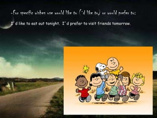 -For specific wishes use would like to (´d like to) or would prefer to:I´d like to eat out tonight.  I´d prefer to visit friends tomorrow.